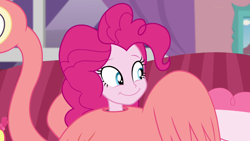 Size: 1920x1080 | Tagged: safe, screencap, pinkie pie, flamingo, better together, equestria girls, pinkie sitting, clothes, costume, cute, diapinkes, flamingo costume, smiling, solo