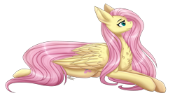 Size: 2473x1385 | Tagged: safe, artist:inspiredpixels, fluttershy, pegasus, pony, chest fluff, female, mare, prone, simple background, smiling, solo, transparent background