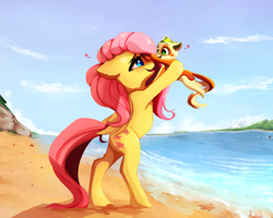 Size: 2500x2000 | Tagged: dead source, safe, artist:miokomata, fluttershy, oc, oc:non toxic, monster pony, original species, pegasus, pony, tatzlpony, baby, baby pony, beach, cute, cute little fangs, duo, fangs, female, foal, folded wings, freckles, heart, lifting, looking at each other, mare, ocbetes, shyabetes, smiling, tatzlbetes, water