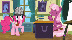 Size: 1920x1080 | Tagged: safe, screencap, cheerilee, pinkie pie, princess celestia, alicorn, pony, secrets and pies, deerstalker, desk, detective, discovery family logo, eyes closed, happy, hat, pipe, watermark