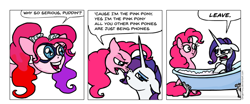 Size: 1572x656 | Tagged: safe, artist:gingerfoxy, pinkie pie, rarity, earth pony, pony, unicorn, pony comic generator, bathing, bathtub, comic, eminem, harley quinn