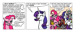 Size: 1572x661 | Tagged: safe, artist:gingerfoxy, pinkie pie, rarity, earth pony, pony, unicorn, pony comic generator, comic, junk food