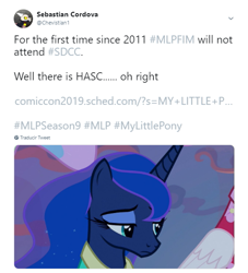 Size: 505x555 | Tagged: safe, princess celestia, princess luna, between dark and dawn, comic con, end of ponies, meta, sad, san diego comic con, solo, the end is neigh, twitter