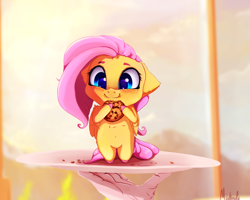 Size: 2500x2000 | Tagged: safe, artist:miokomata, fluttershy, human, pegasus, pony, bipedal, chibi, cookie, cute, female, floppy ears, food, freckles, mare, plate, shyabetes, signature, smiling, tiny, tiny ponies, weapons-grade cute