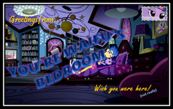 Size: 754x476 | Tagged: safe, flash sentry, spike, spike the regular dog, twilight sparkle, dog, equestria girls, bedroom, female, flashlight, grammar error, male, misspelling of your, picture frame, postcard, sci-twi's room, shipping, stamp, straight