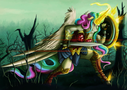 Size: 1750x1237 | Tagged: safe, artist:jamescorck, princess celestia, anthro, unguligrade anthro, armor, battlefield, bullet, commission, crossover, dead trees, glowing horn, gritted teeth, horn, movie reference, no man's land, scene interpretation, shield, solo, sword, tree stump, weapon, wonder woman, world war i