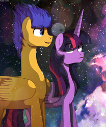 Size: 1917x2302 | Tagged: safe, artist:asika-aida, flash sentry, twilight sparkle, twilight sparkle (alicorn), alicorn, pony, flashlight, male, shipping, stars, straight