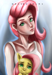 Size: 1313x1884 | Tagged: safe, artist:bunsogen, fluttershy, human, pony, clothes, humanized, looking at you, nightmare fuel, self ponidox, smiling, solo, uncanny valley