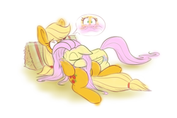 Size: 1280x853 | Tagged: safe, artist:heir-of-rick, applejack, fluttershy, earth pony, pegasus, pony, daily apple pony, belly pillow, cuddling, cute, eyes closed, floppy ears, jackabetes, prone, shyabetes, simple background, snuggling, white background