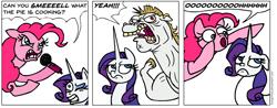 Size: 1464x573 | Tagged: safe, artist:gingerfoxy, bulk biceps, pinkie pie, rarity, earth pony, pegasus, pony, unicorn, pony comic generator, comic, oooooh, regular show, the rock