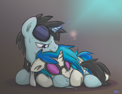 Size: 2782x2151 | Tagged: safe, artist:melodenesa, dj pon-3, neon lights, rising star, vinyl scratch, pony, unicorn, blushing, cuddling, cute, drool, female, gritted teeth, hornboner, magic, male, nom, prone, shipping, sleeping, smiling, snuggling, straight, sweat, vinylights