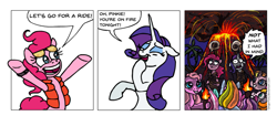 Size: 1573x658 | Tagged: safe, artist:gingerfoxy, pinkie pie, rarity, earth pony, pony, unicorn, pony comic generator, g3, back to the future, comic, sacrifice, tied up, volcano