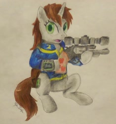 Size: 866x923 | Tagged: safe, artist:teschke, oc, oc only, oc:littlepip, pony, unicorn, fallout equestria, clothes, cutie mark, fanfic, fanfic art, female, gun, handgun, hooves, horn, little macintosh, mare, open mouth, optical sight, pipbuck, revolver, simple background, sitting, solo, vault suit, weapon, white background