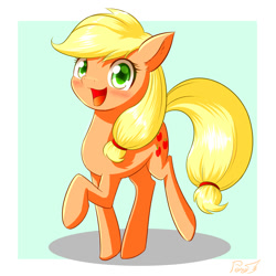 Size: 2000x2000 | Tagged: safe, artist:phoenixperegrine, applejack, earth pony, pony, happy, looking at you, open mouth, raised hoof, solo