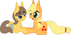 Size: 1709x853 | Tagged: safe, artist:casanova-mew, applejack, caramel, toffee, earth pony, pony, carajack, female, lesbian, prone, shipping, transgender