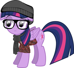 Size: 2612x2404 | Tagged: safe, artist:paragonaj, derpibooru import, twilight sparkle, twilight sparkle (alicorn), alicorn, pony, clothes, female, glasses, hat, hipster, mare, plaid, scarf, simple background, solo, transparent background