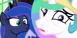 Size: 801x391 | Tagged: safe, screencap, princess celestia, princess luna, alicorn, pony, between dark and dawn, cropped, cute, royal sisters, varying degrees of amusement