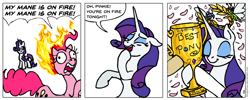 Size: 940x376 | Tagged: safe, artist:gingerfoxy, pinkie pie, rarity, breezie, earth pony, pony, unicorn, pony comic generator, abuse, best pony, comic, female, fire, mare, pinkiebuse, pun, trophy