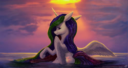 Size: 4527x2435 | Tagged: safe, artist:moondreamer16, princess celestia, alicorn, pony, beach, crepuscular rays, female, looking at you, looking back, looking back at you, looking over shoulder, mare, missing accessory, solo, water