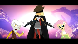 Size: 1366x768 | Tagged: safe, artist:zxinsanity, applejack, discord, fluttershy, equestria girls, alternate universe, cape, clothes, eqg promo pose set, equestria girls-ified, equestria girls: the parody series, gun, hat, shocked, weapon