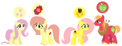 Size: 1688x634 | Tagged: safe, artist:kassie-hedgehog, big macintosh, fluttershy, oc, oc:apple shy, oc:golden apple, earth pony, pegasus, pony, base used, family, female, fluttermac, male, mare, offspring, parent:big macintosh, parent:fluttershy, parents:fluttermac, shipping, simple background, straight, white background