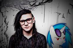 Size: 1600x1058 | Tagged: safe, artist:randombronyhere, dj pon-3, vinyl scratch, human, irl, irl human, photo, random vector slapped onto whichever rl pic, skrillex