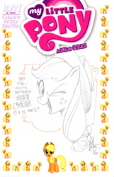 Size: 986x1529 | Tagged: safe, artist:andypriceart, applejack, earth pony, pony, comic, cover, micro-series, one eye closed, sketch, speech