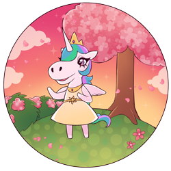 Size: 600x600 | Tagged: safe, artist:milkcubus, princess celestia, anthro, animal crossing, bush, clothes, cloud, crossover, cute, cutelestia, day, dress, field, hill top, horse face, simple background, sundress, transparent background, tree, video game