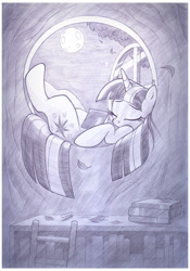 Size: 915x1306 | Tagged: safe, artist:sherwoodwhisper, derpibooru import, twilight sparkle, book, golden oaks library, monochrome, moon, sketch, sleeping, solo, traditional art, window