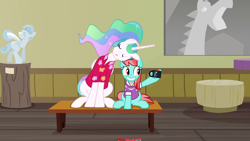 Size: 1920x1080 | Tagged: safe, screencap, princess celestia, strawberry ice, alicorn, earth pony, pony, unicorn, between dark and dawn, adorkable, alternate hairstyle, art critic, art museum, barehoof, bench, camera, clothes, dork, duo, excited, eyes closed, faic, female, folded wings, hawaiian shirt, mare, museum critic, opportunity, ponytail, selfie, shirt, sitting, sleeping, smiling, wings