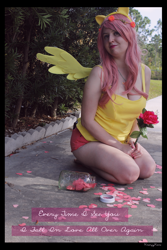 Size: 3456x5184 | Tagged: safe, artist:krazykari, fluttershy, human, clothes, cosplay, costume, flower, high res, irl, irl human, photo, pony ears, shirt, shorts, solo