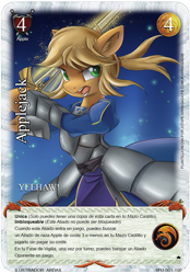 Size: 709x1016 | Tagged: safe, artist:ardail, edit, applejack, anthro, armor, artoria pendragon, card, card game, clothes, crossover, ear fluff, excalibur, fate/stay night, game, mitos y leyendas tcg, myths and legends tcg, open mouth, saber, solo, spanish, sword, tcg, trading card, trading card edit, weapon