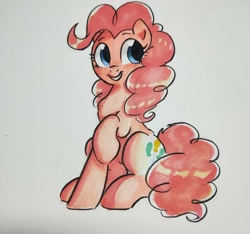 Size: 1280x1197 | Tagged: safe, artist:colorfulcolor233, pinkie pie, earth pony, pony, female, looking away, looking sideways, mare, raised hoof, simple background, sitting, smiling, solo, three quarter view, traditional art, white background