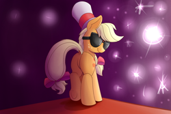 Size: 1500x1000 | Tagged: safe, artist:heir-of-rick, applejack, earth pony, pony, applebutt, dock, female, freckles, glasses, hat, looking at you, looking back, mare, paparazzi, plot, raised tail, smiling, solo, sunglasses, tail, top hat, underhoof