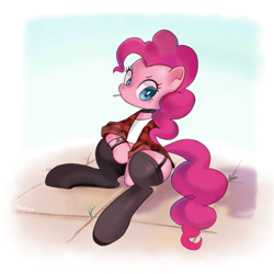 Size: 768x768 | Tagged: safe, artist:jus+ice, pinkie pie, earth pony, pony, clothes, colored, cute, diapinkes, female, hipster, looking at you, mare, sitting, solo