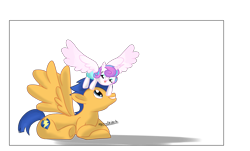 Size: 3620x2188 | Tagged: safe, artist:organizednubmarilyn, flash sentry, princess flurry heart, alicorn, pegasus, pony, baby, baby pony, backwards cutie mark, cute, diaper, diasentres, duo, equestria's best uncle, female, filly, flurrybetes, hnnng, looking at each other, looking up, male, organizednubmarilyn is trying to murder us, pony hat, precious, prone, signature, simple background, smiling, spread wings, stallion, tongue out, transparent background, uncle and niece, uncle flash, underhoof, weapons-grade cute, wholesome