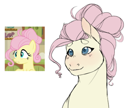 Size: 738x623 | Tagged: safe, artist:spartalabouche, fluttershy, pegasus, pony, flutter brutter, alternate hairstyle, beanbrows, blushing, bust, comparison, eyebrows, female, scene interpretation, simple background, solo, white background