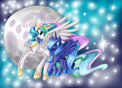 Size: 640x465 | Tagged: safe, artist:vikuskaal, princess celestia, princess luna, alicorn, pony, duo, duo female, eye clipping through hair, female, full moon, mare, moon, royal sisters, s1 luna, sky, space, stars