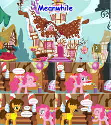 Size: 1284x1444 | Tagged: safe, artist:hakunohamikage, cheese sandwich, pinkie pie, pony, ask, ask-princesssparkle, balloon, cupcake, fake moustache, food, sugarcube corner, tumblr