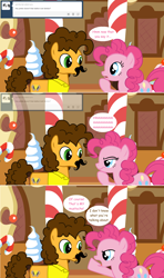 Size: 1280x2168 | Tagged: safe, artist:hakunohamikage, cheese sandwich, pinkie pie, pony, ask, ask-princesssparkle, fake moustache, sugarcube corner, tumblr