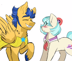 Size: 3500x3000 | Tagged: safe, artist:scarletskitty12, coco pommel, flash sentry, blushing, cocosentry, crack shipping, eyes closed, grin, male, raised hoof, shipping, sideburns, simple background, smiling, straight, white background