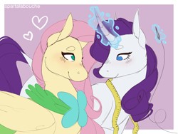 Size: 2000x1500 | Tagged: safe, artist:spartalabouche, fluttershy, rarity, pegasus, pony, unicorn, blushing, clothes, female, flarity, glowing horn, heart, horn, leonine tail, lesbian, looking at each other, magic, measuring tape, sewing, shipping, smiling, wings