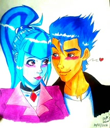 Size: 826x960 | Tagged: safe, artist:darindashiedo, flash sentry, sonata dusk, equestria girls, blushing, bust, jewelry, male, pendant, portrait, senata, shipping, straight, traditional art