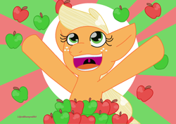 Size: 1542x1094 | Tagged: safe, artist:lilpinkbunnyrabbit, applejack, earth pony, pony, apple, food, open mouth, solo, that pony sure does love apples