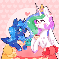 Size: 700x702 | Tagged: safe, artist:rednineuwu, princess celestia, princess luna, alicorn, pony, blushing, colored hooves, cup, cute, cutelestia, duo, eyes closed, female, heart, lunabetes, mare, no pupils, plushie, profile, royal sisters, s1 luna, tea party, teacup, teddy bear