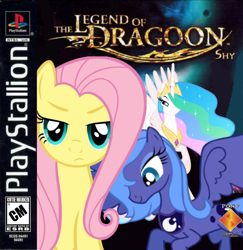 Size: 744x767 | Tagged: safe, artist:nickyv917, fluttershy, princess celestia, princess luna, alicorn, pegasus, pony, angry, bedroom eyes, box art, esrb, female, game rating, looking at you, mare, parody, playstation, pony (sony), pun, sony, the legend of dragoon