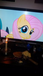 Size: 1836x3264 | Tagged: safe, fluttershy, pegasus, pony, candle, coca-cola, computer, food, hearts and hooves day, holiday, irl, photo, solo, valentine's day, waifu dinner