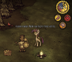 Size: 825x710 | Tagged: safe, artist:artguydis, derpibooru import, twilight sparkle, twilight sparkle (alicorn), alicorn, bird, cardinal, pony, alone, campfire, chest, don't starve, female, grass field, machine, mare, science machine, solo, style emulation, treasure chest