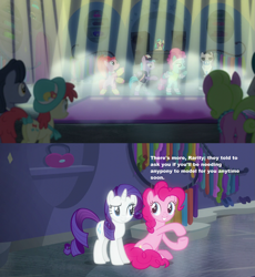 Size: 1277x1391 | Tagged: safe, edit, edited screencap, screencap, crimson cream, daisy, diamond cutter, dj pon-3, fashion statement, flower wishes, lavender bloom, mare e. belle, pinkie pie, rarity, vinyl scratch, earth pony, pony, unicorn, season 6, the saddle row review, amused, boutique, clothes, dance club, dancing, dress, hat, lights, lockdown, manehattan, model, raised eyebrow, rarity for you, security guard, speakers