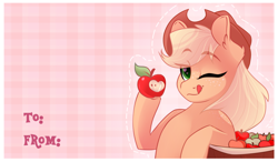 Size: 1280x749 | Tagged: safe, artist:lolepopenon, applejack, earth pony, pony, apple, food, heart eyes, licking, licking lips, looking at you, one eye closed, solo, tongue out, valentine's day, valentine's day card, wingding eyes, wink